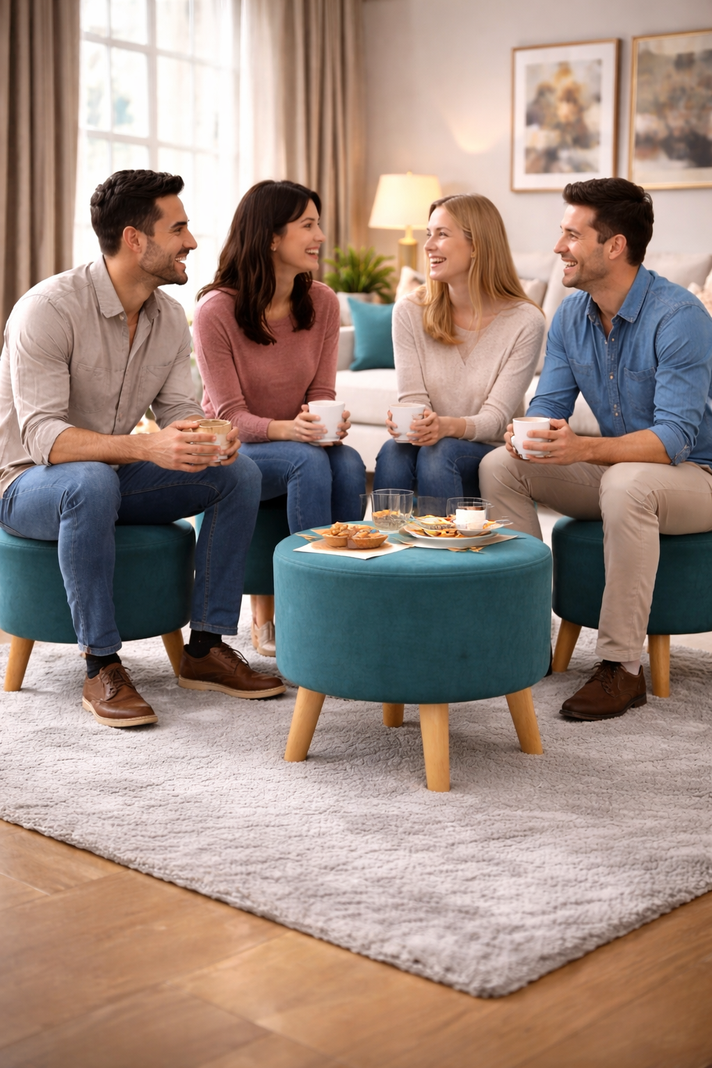 Modern Round Upholstered Stool – 18 Inch Wooden Leg Ottoman for Living Room
