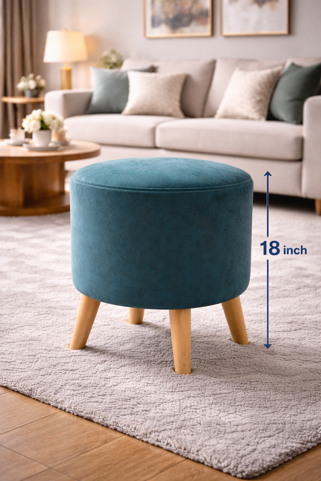 Modern Round Upholstered Stool – 18 Inch Wooden Leg Ottoman for Living Room