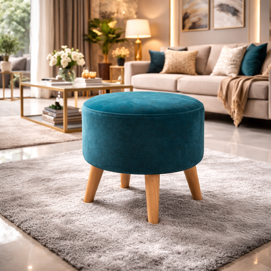 Modern Round Upholstered Stool – 18 Inch Wooden Leg Ottoman for Living Room