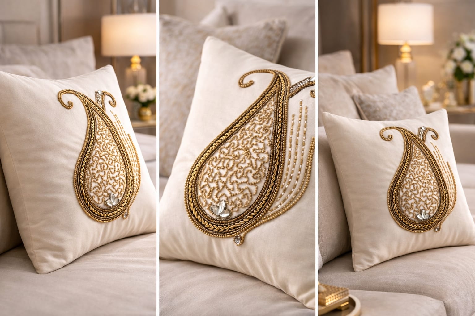Premium Designer Paisley Embroidery Cushion Cover Set (5 Pieces)