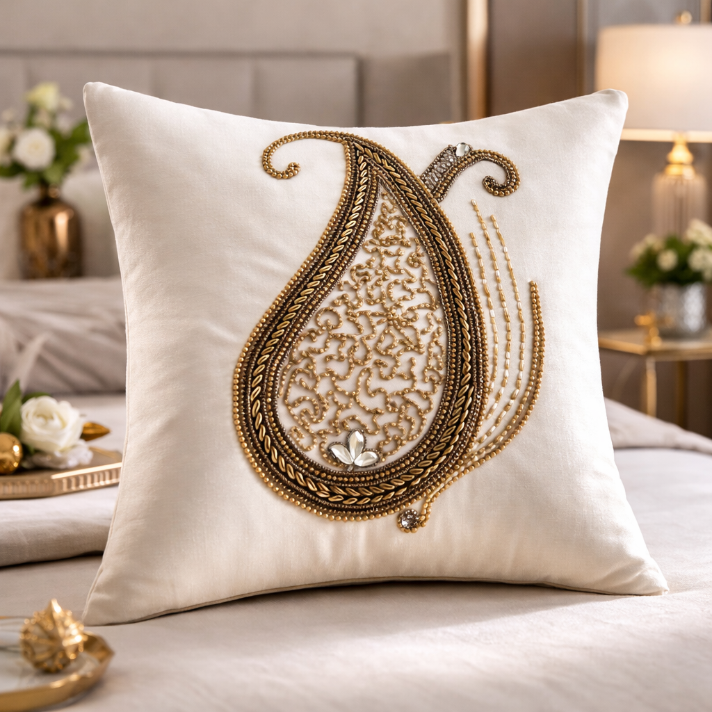 Premium Designer Paisley Embroidery Cushion Cover Set (5 Pieces)
